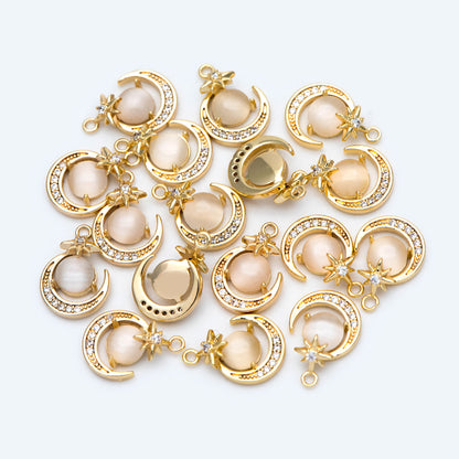 4pcs CZ Pave Gold Round Moon Star Charms, Jewelry Making, Diy Material, Jewelry Supplies (GB-2433-B)