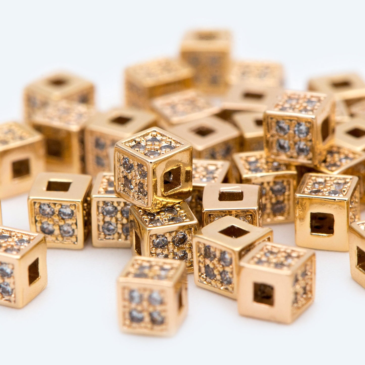 10pcs CZ Pave Gold Cube Spacers 4mm, 18K Gold plated Brass Square Beads (GB-1736)