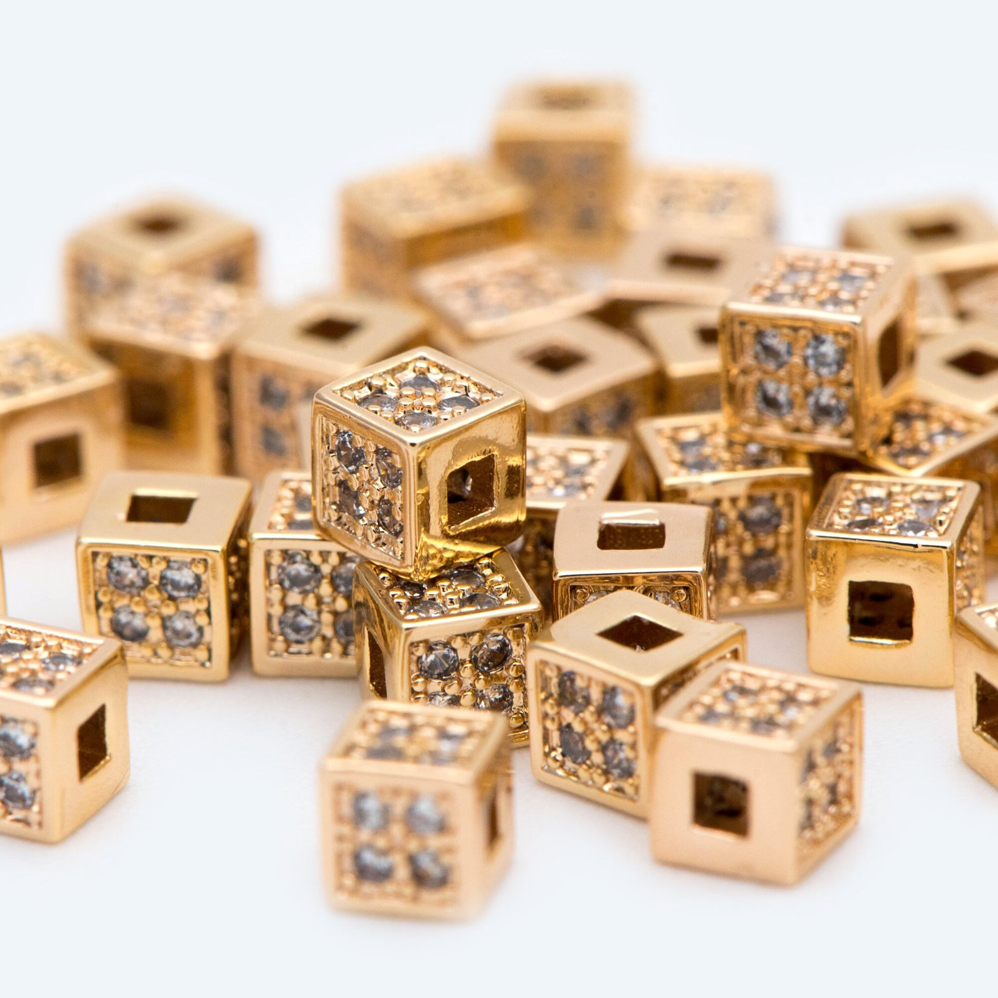 10pcs CZ Pave Gold Cube Spacers 4mm, 18K Gold plated Brass Square Beads (GB-1736)