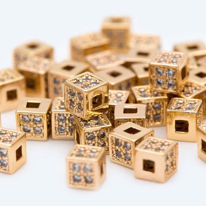 10pcs CZ Pave Gold Cube Spacers 4mm, 18K Gold plated Brass Square Beads (GB-1736)