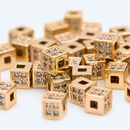 10pcs CZ Pave Gold Cube Spacers 4mm, 18K Gold plated Brass Square Beads (GB-1736)