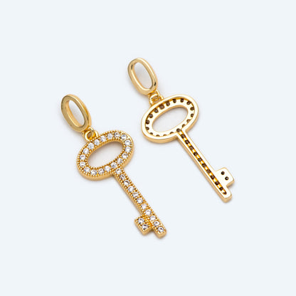 4pcs CZ Pave Gold/ Silver Tone Key Charms 21x10mm, 18K Gold/ Rhodium plated Brass Key Pendants (GB-1774)