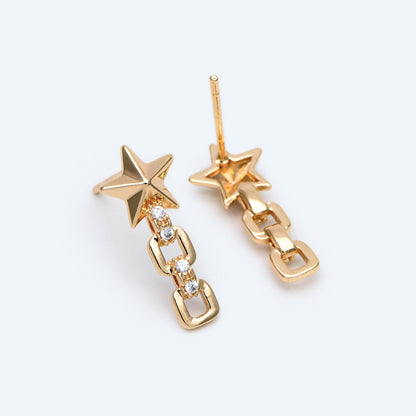 10pcs Star Chain Earring, 18x8mm, Gold Plated Brass Stud Earrings (#GB-1869)