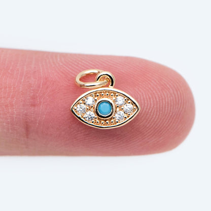 4pcs CZ Pave Blue Evil Eye Charm 10x8mm, Real Gold plated Brass Eye Charm (GB-1819-C)