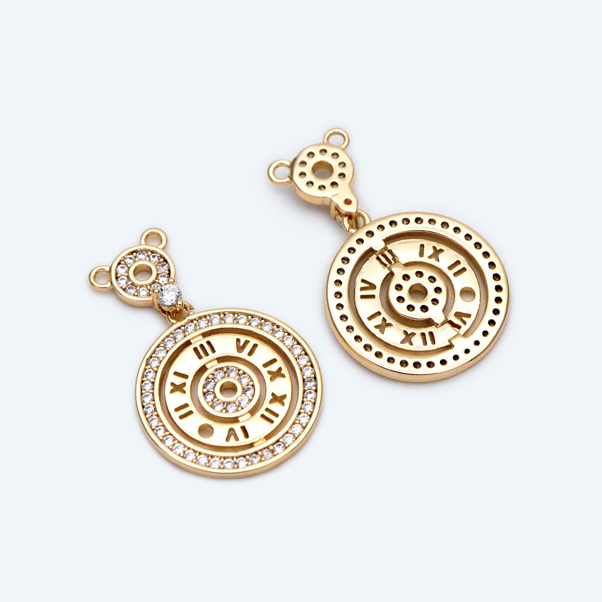 4pcs CZ pave Gold ClockCharms, 18K Gold plated Brass, Clock Pendant Connectors (GB-1879)