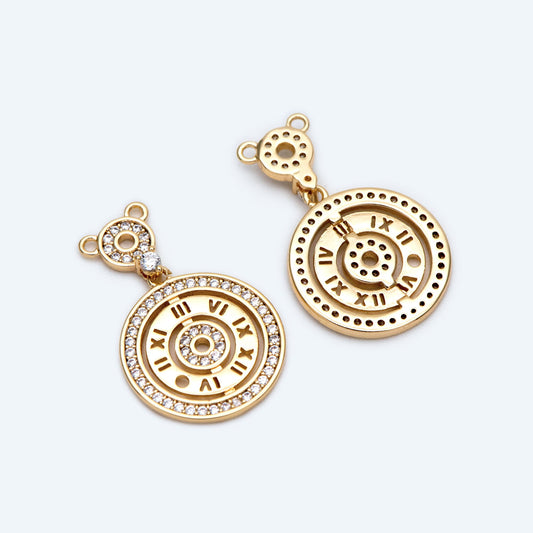 4pcs CZ pave Gold ClockCharms, 18K Gold plated Brass, Clock Pendant Connectors (GB-1879)