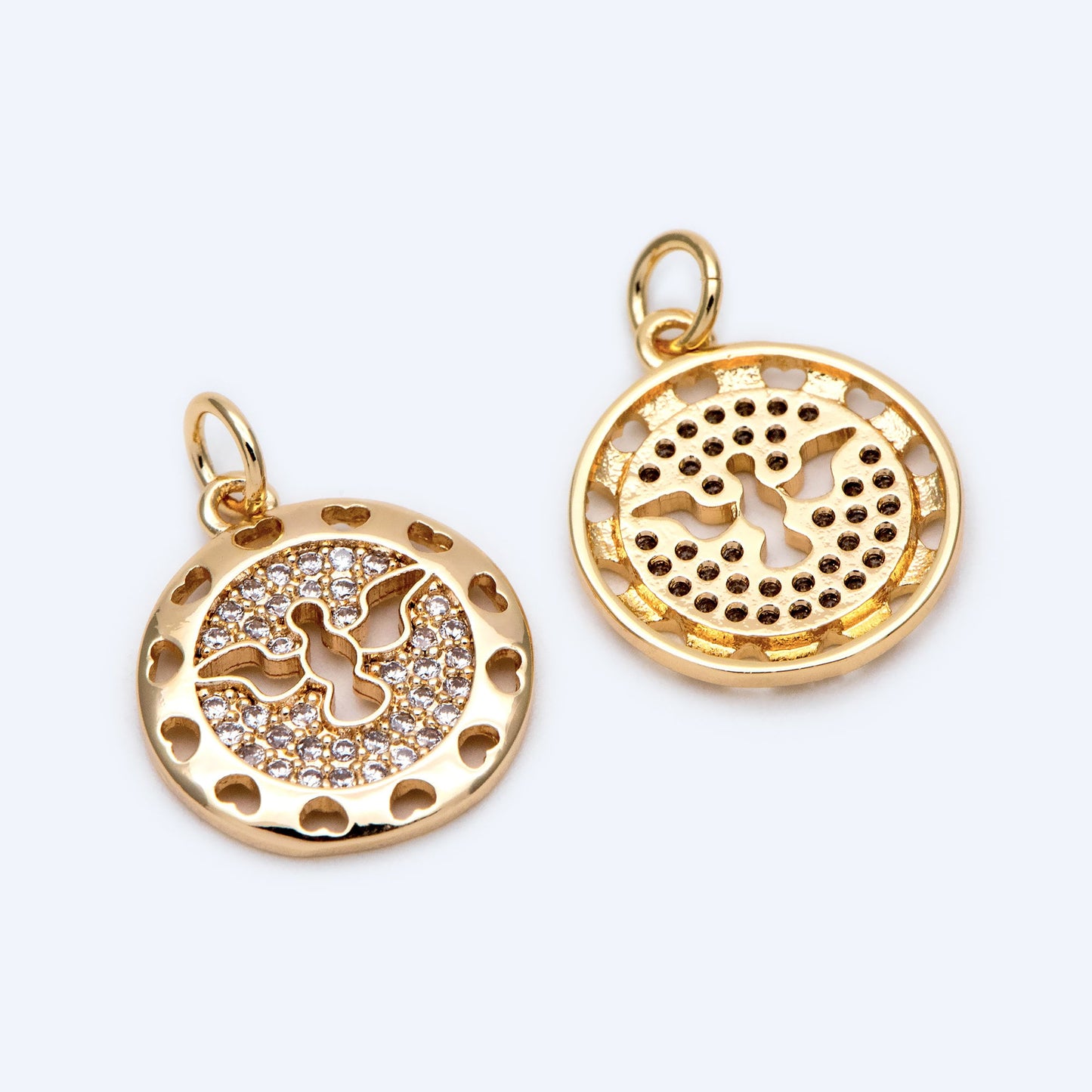 4pcs CZ Pave Gold Peace Dove Charm 15mm, Real Gold plated Brass, Round Bird Pendants (GB-1480-D)