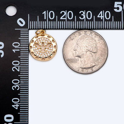 4pcs CZ Pave Gold Peace Dove Charm 15mm, Real Gold plated Brass, Round Bird Pendants (GB-1480-D)