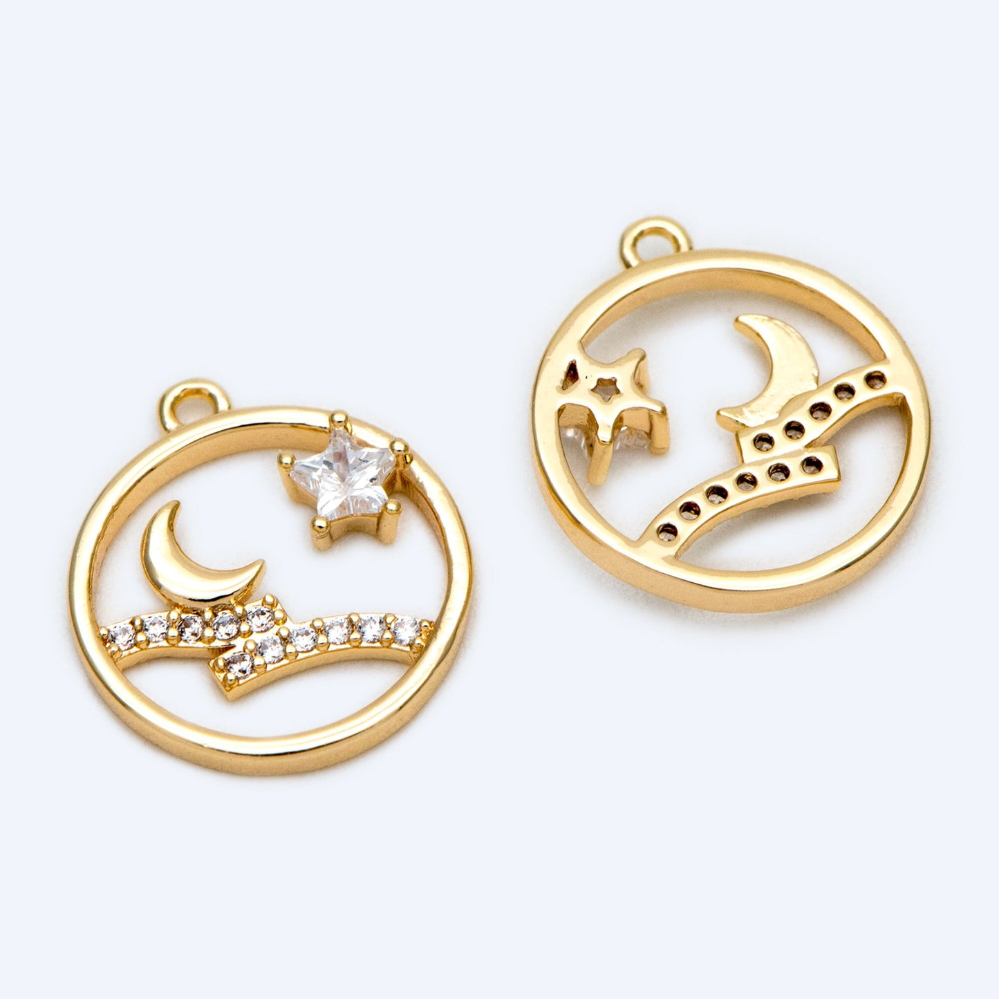 4pcs Gold Moon Charms, Gold Star Pendants 12mm, CZ Cubic Zirconia Pave Pendants (GB-2433-D)