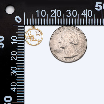 4pcs Gold Moon Charms, Gold Star Pendants 12mm, CZ Cubic Zirconia Pave Pendants (GB-2433-D)