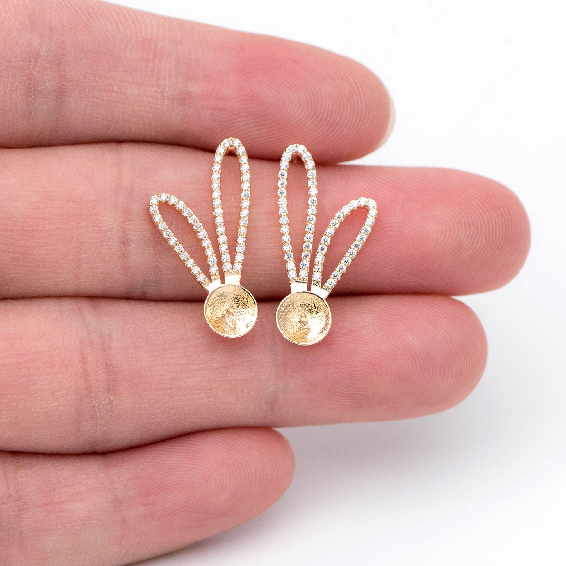 4pcs CZ Pave Rabbit Ear Posts, Bunny Stud Earrings, Pearl Peg Earring Mounts, Half Drilled Pearl Earring Settings (#GB-1776)