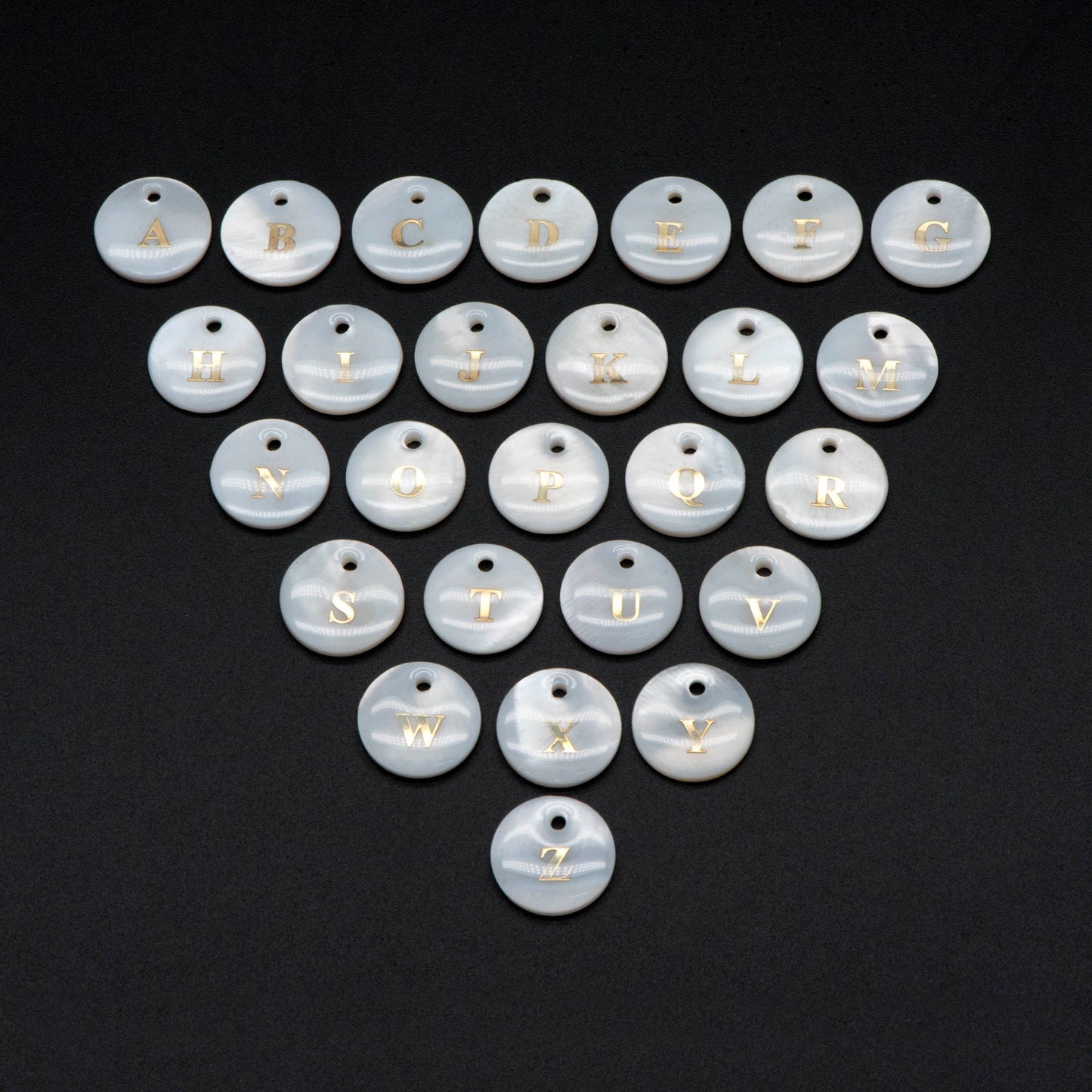 Shell Alphabet Charms, English Letter Beads, Round Coin Disc Letter Pendant, Personalized Initial Charms, You Choose Letter (V1371)