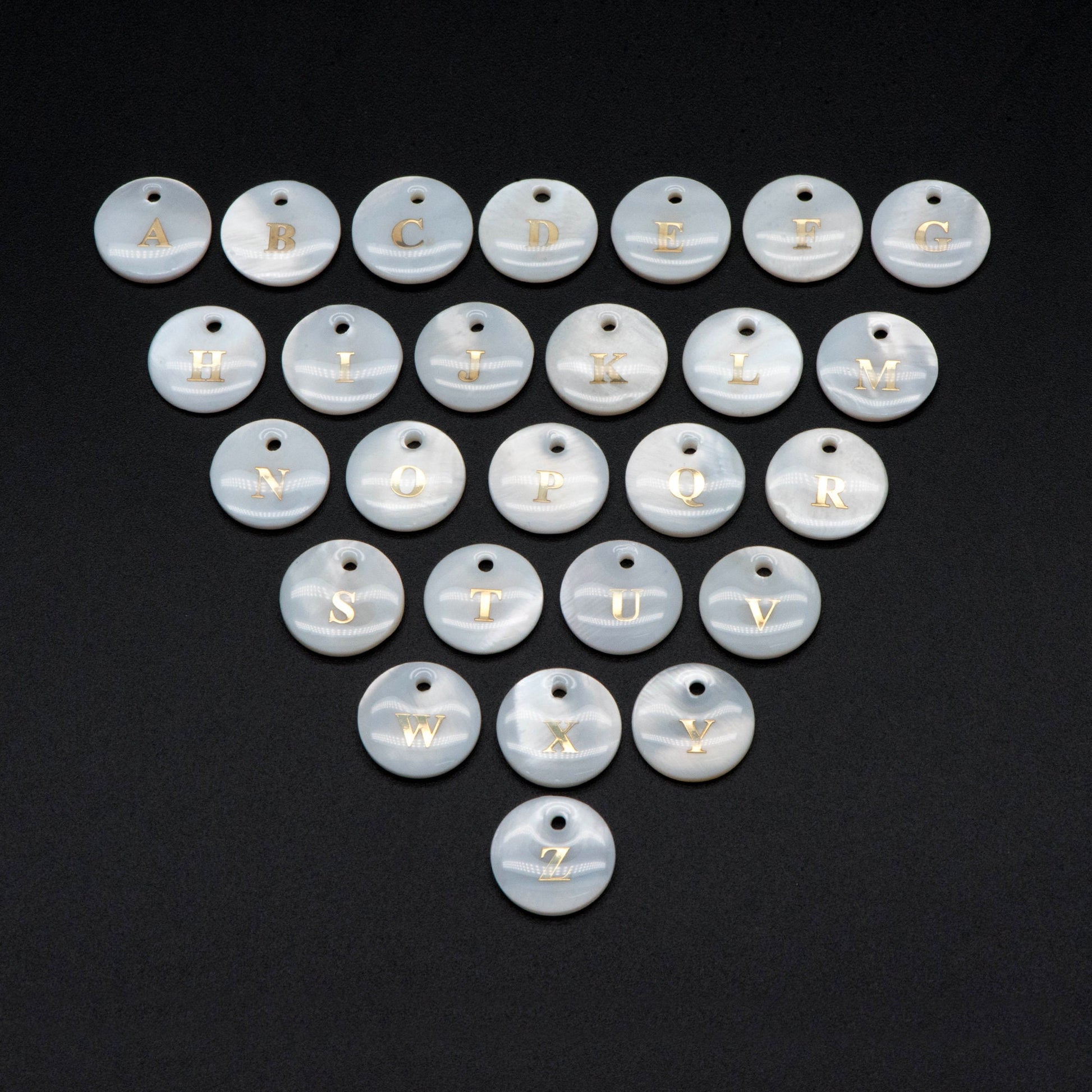 Shell Alphabet Charms, English Letter Beads, Round Coin Disc Letter Pendant, Personalized Initial Charms, You Choose Letter (V1371)