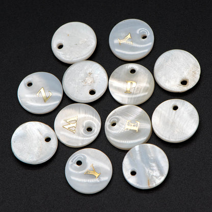 Shell Alphabet Charms, English Letter Beads, Round Coin Disc Letter Pendant, Personalized Initial Charms, You Choose Letter (V1371)