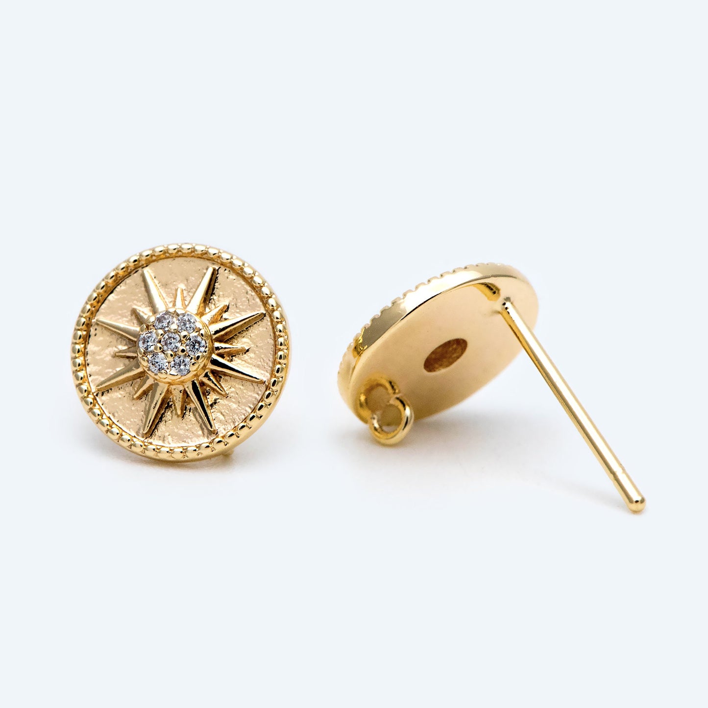 10pcs Gold Star Disc Ear Post with Loop, 10mm, 18K Gold plated Brass, CZ pave Stud Earring Components (GB-1901)