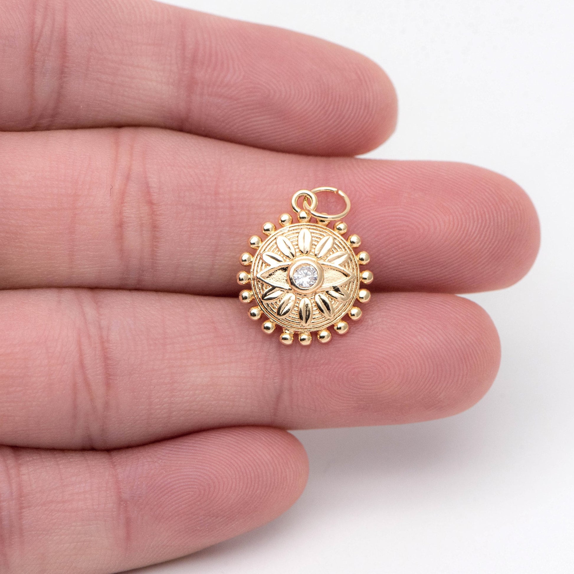 4pcs CZ Pave Gold Flower Evil eye Charms 17x15mm, 18K Gold plated Brass, Disk Evil eye Pendants (GB-4085-D)