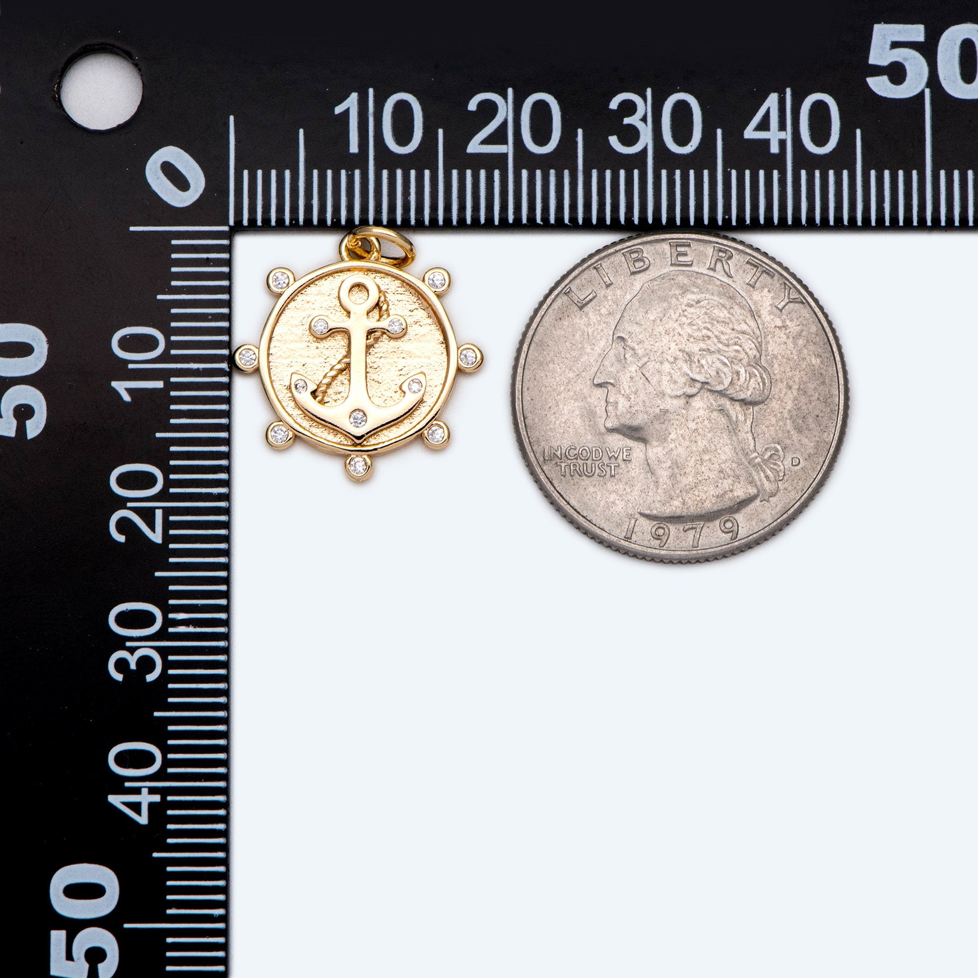 4pcs Gold Anchor Disc Charms 18mm, 18K Gold plated Brass, Round Disk Anchor Pendants (GB-3746-D)