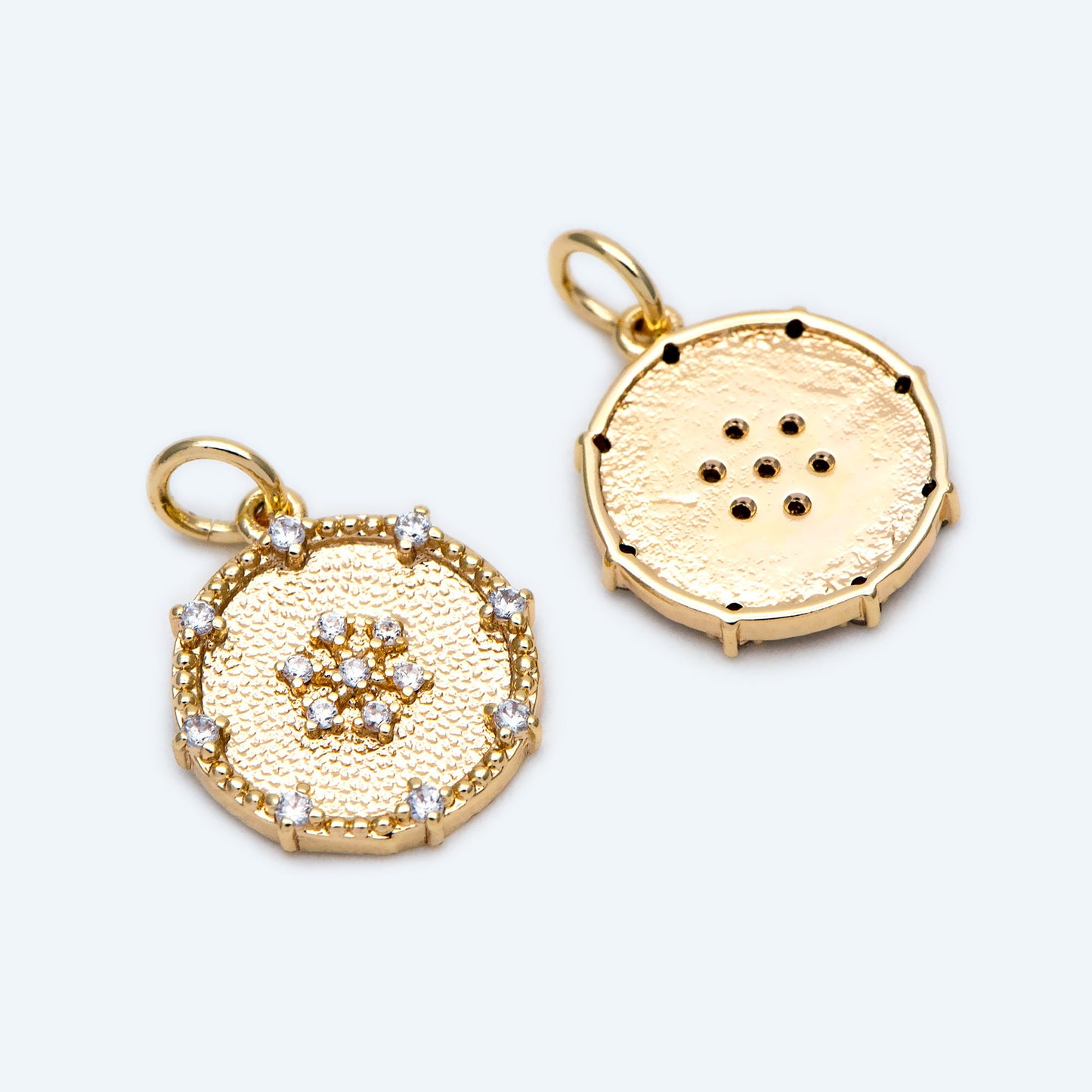 4pcs CZ Pave Gold Snowflake Disc Charms 14mm, 18K Gold plated Brass, Disk Pendants (GB-3486-E)