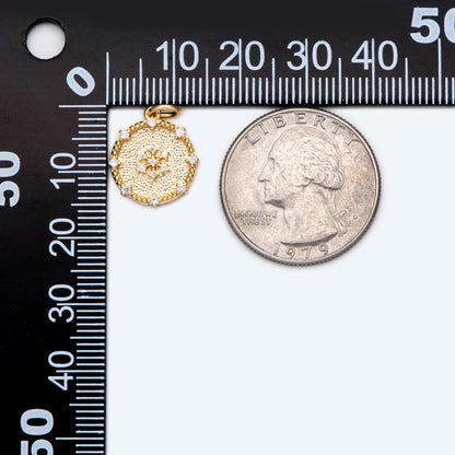 4pcs CZ Pave Gold Snowflake Disc Charms 14mm, 18K Gold plated Brass, Disk Pendants (GB-3486-E)