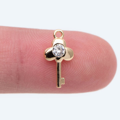 10pcs Gold plated Brass Key Charm, CZ pave Key Pendant (GB-1912)