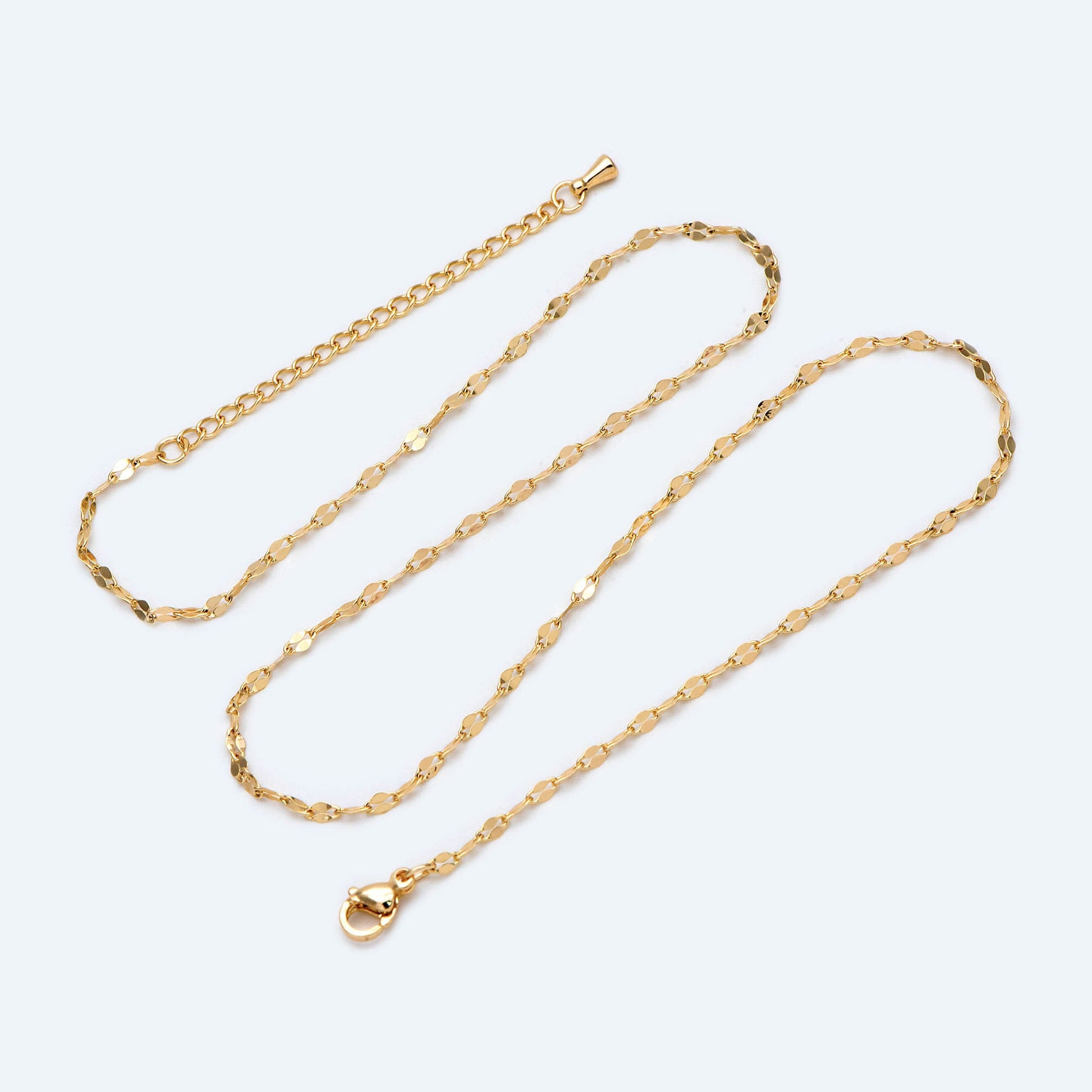 Gold plated Stainless Steel Chain Necklaces 2mm, Finished Necklace with Extender Chain, 16-18 Inch Adjustable, Ready to Wear (#LK-450-1)