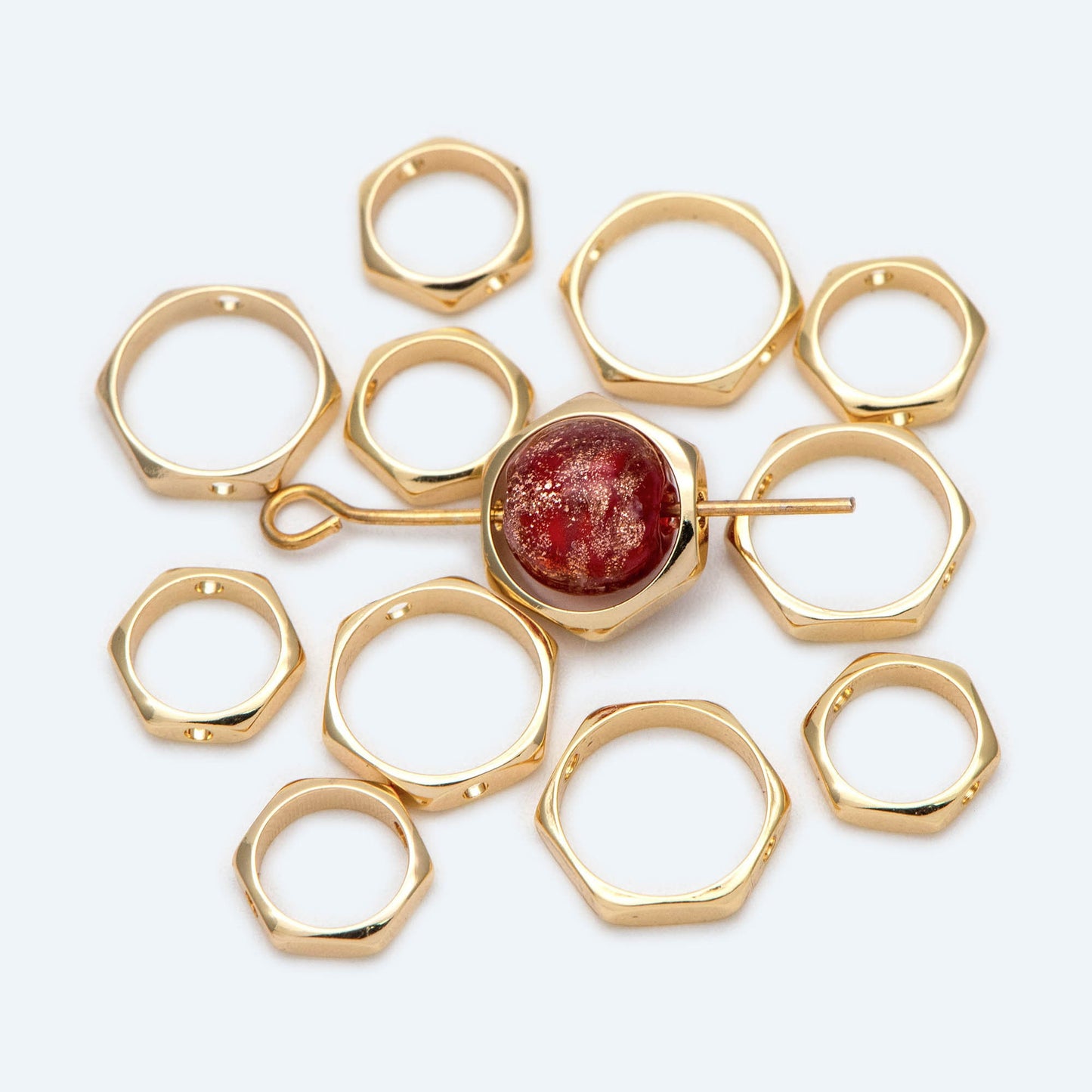 10pcs Gold plated Brass Hexagon Bead Frame , Geometric Hoop Charm Connectors, 2 Holes Drilled, Inner 6.5/ 8.5mm (GB-1793)