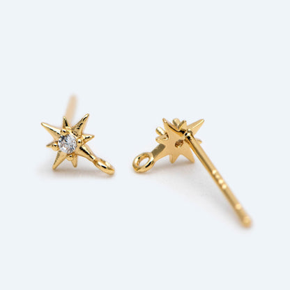 10pcs CZ Pave Tiny North Star Ear Post with Loops, 7x5mm, Real Gold Plated Brass Star Stud Earrings (#GB-1792)