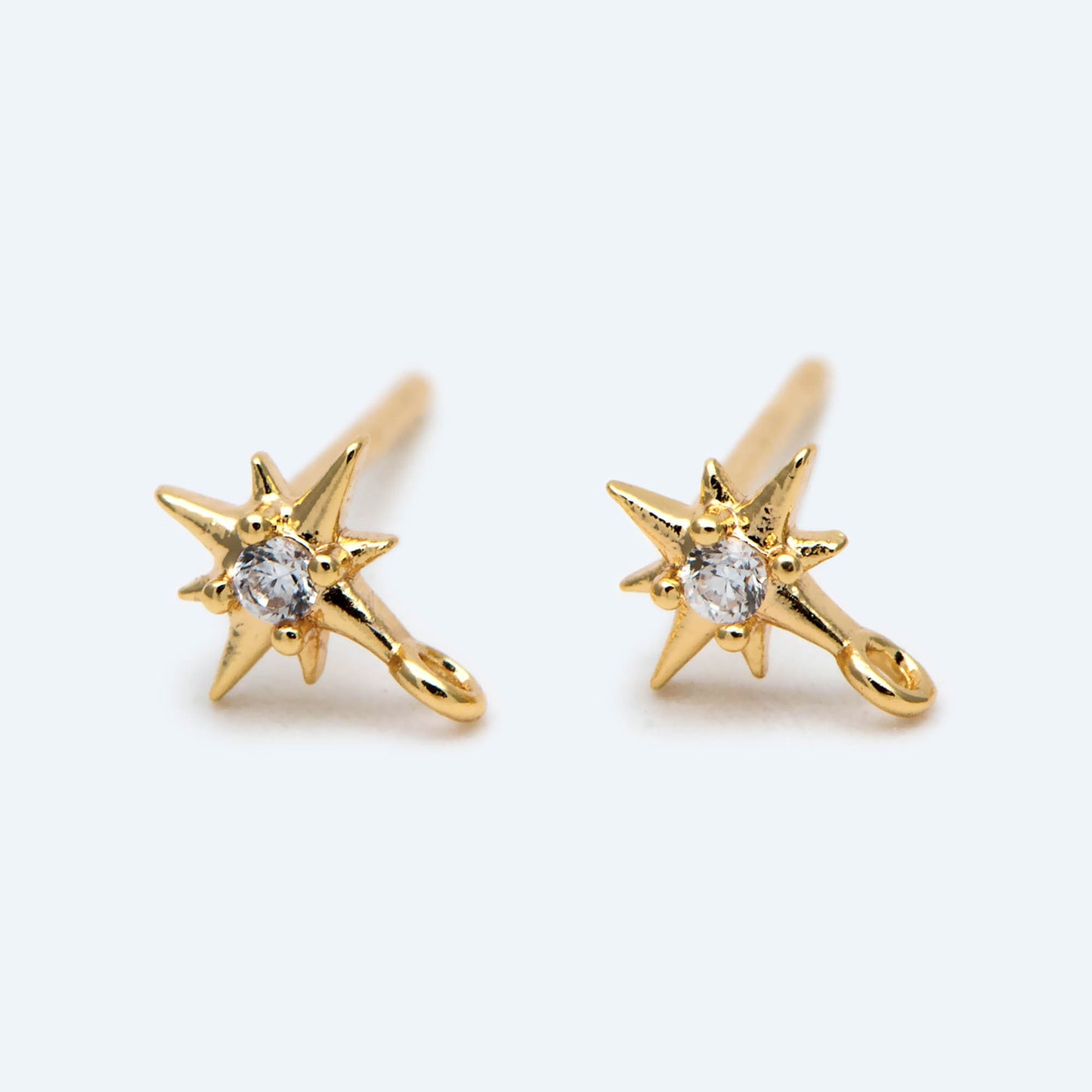 10pcs CZ Pave Tiny North Star Ear Post with Loops, 7x5mm, Real Gold Plated Brass Star Stud Earrings (#GB-1792)