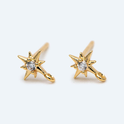 10pcs CZ Pave Tiny North Star Ear Post with Loops, 7x5mm, Real Gold Plated Brass Star Stud Earrings (#GB-1792)