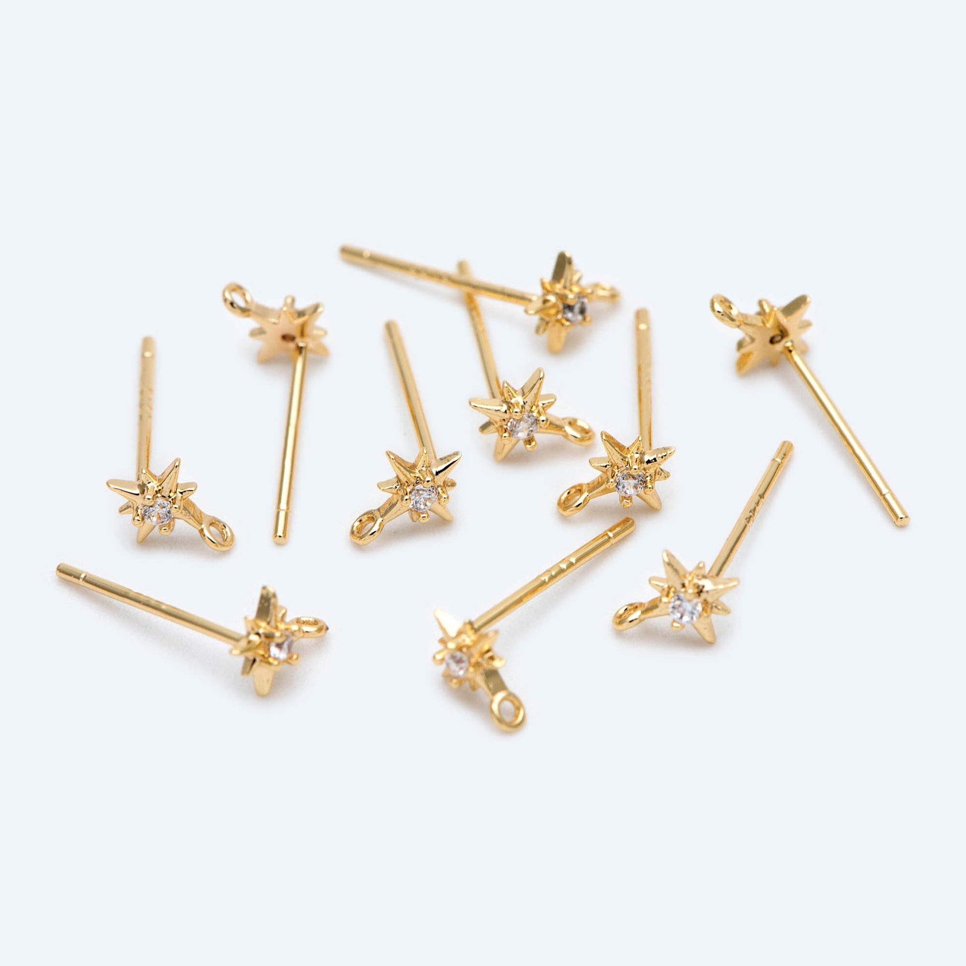 10pcs CZ Pave Tiny North Star Ear Post with Loops, 7x5mm, Real Gold Plated Brass Star Stud Earrings (#GB-1792)