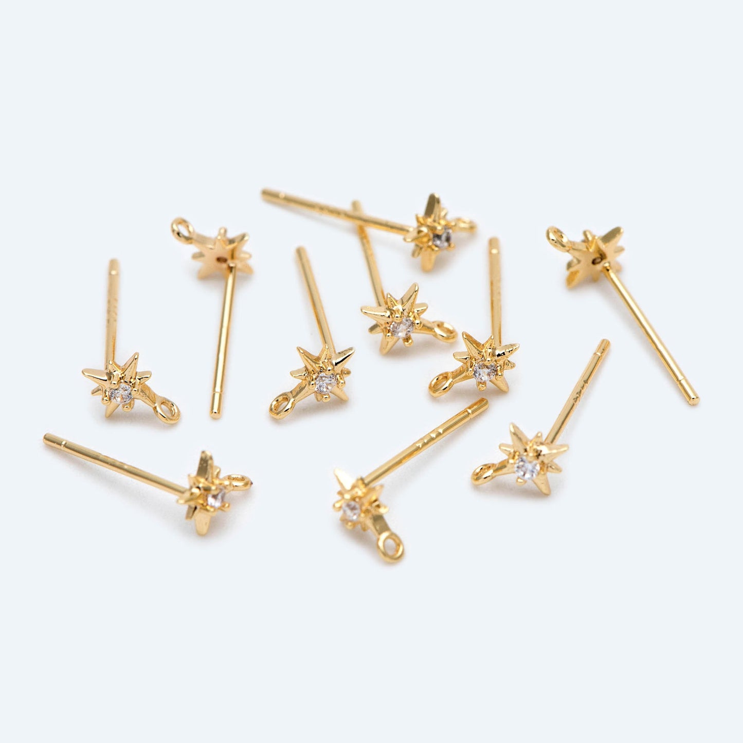 10pcs CZ Pave Tiny North Star Ear Post with Loops, 7x5mm, Real Gold Plated Brass Star Stud Earrings (#GB-1792)