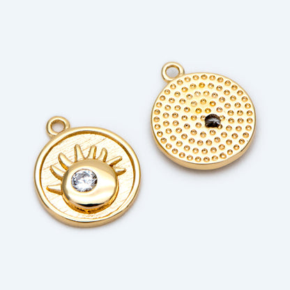 10pcs CZ Pave Gold Eye Charms, Evil Eye Round Disc Pendants (GB-1919)