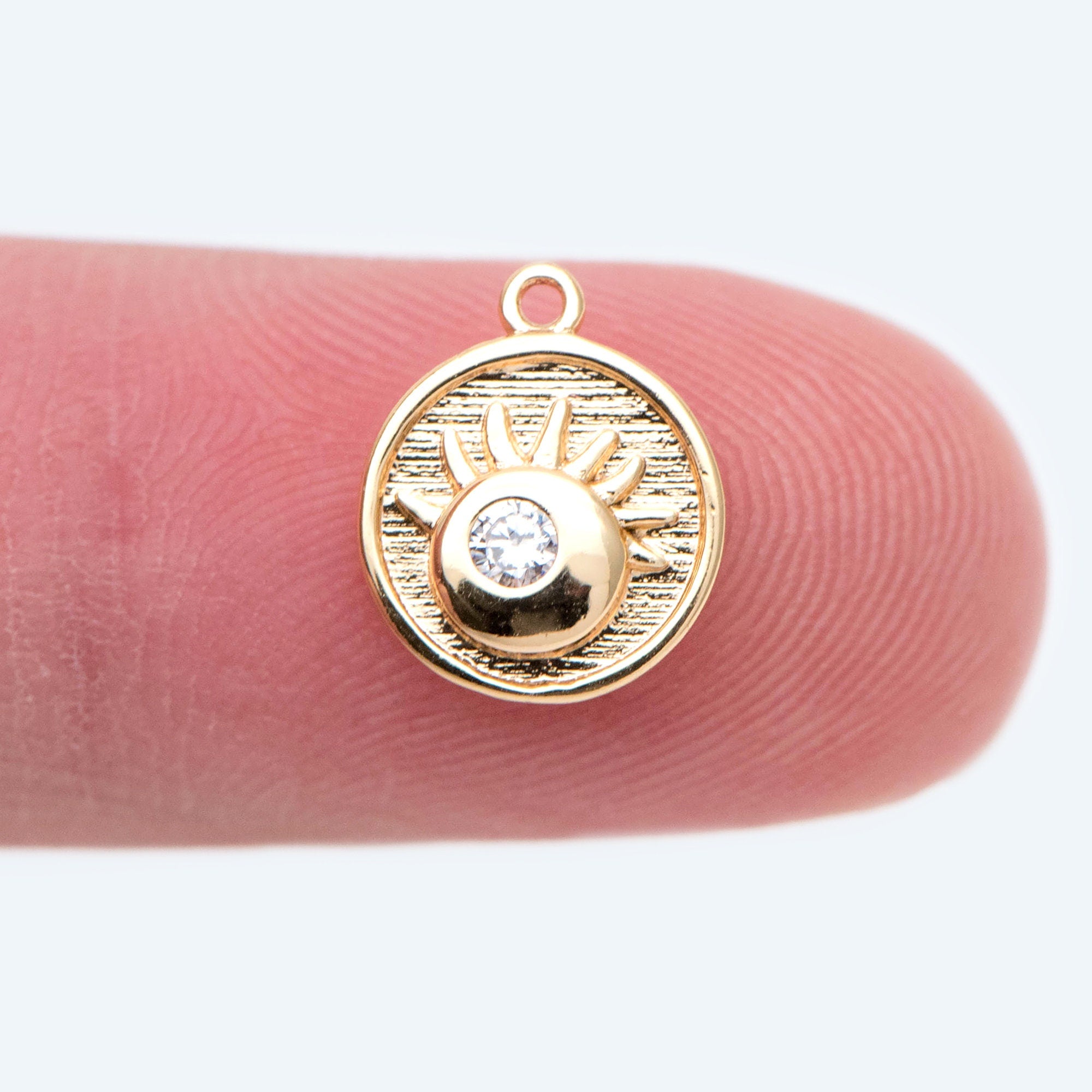 10pcs CZ Pave Gold Eye Charms, Evil Eye Round Disc Pendants (GB-1919)