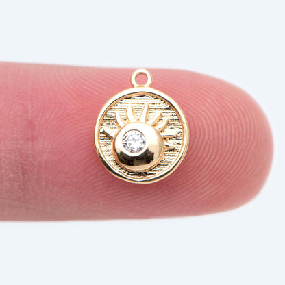 10pcs CZ Pave Gold Eye Charms, Evil Eye Round Disc Pendants (GB-1919)