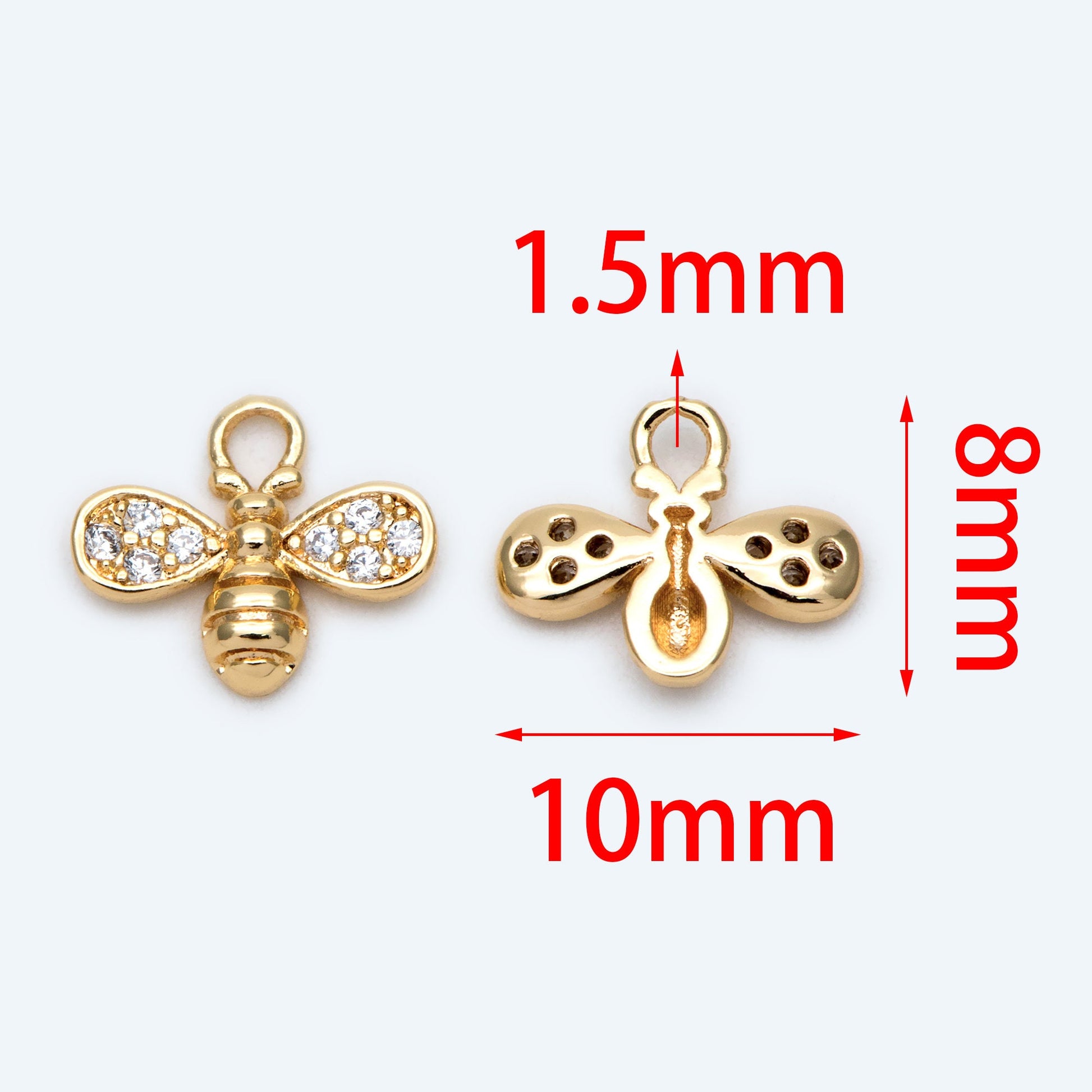 10pcs CZ Pave Bee Charm 10x8mm, 18K Gold Plated Brass, Bee Pendants (GB-3093-D)