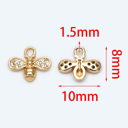 10pcs CZ Pave Bee Charm 10x8mm, 18K Gold Plated Brass, Bee Pendants (GB-3093-D)
