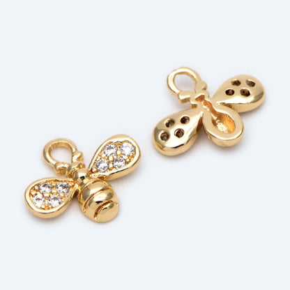 10pcs CZ Pave Bee Charm 10x8mm, 18K Gold Plated Brass, Bee Pendants (GB-3093-D)