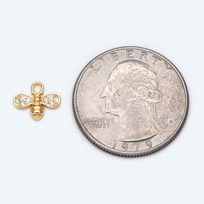 10pcs CZ Pave Bee Charm 10x8mm, 18K Gold Plated Brass, Bee Pendants (GB-3093-D)