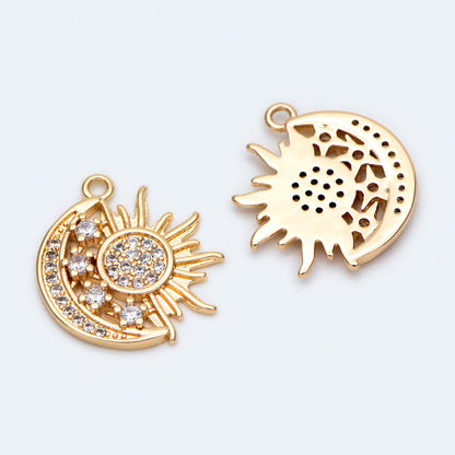 4pcs Sun and Moon Charms 16x19mm, 18K Gold plated Brass, CZ pave Sun Pendants (GB-2991-E)