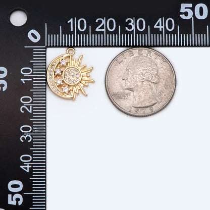 4pcs Sun and Moon Charms 16x19mm, 18K Gold plated Brass, CZ pave Sun Pendants (GB-2991-E)