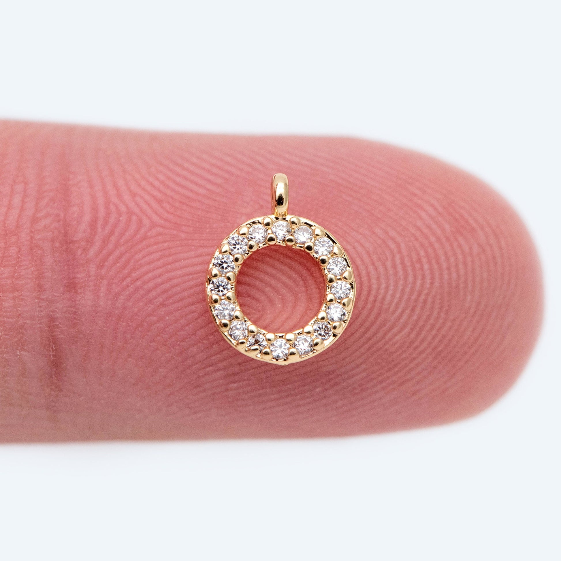 10pcs CZ Pave Gold Circle Charm 7x9mm, 18K Real Gold plated Brass, Mini Round Ring Pendants (GB-1855)