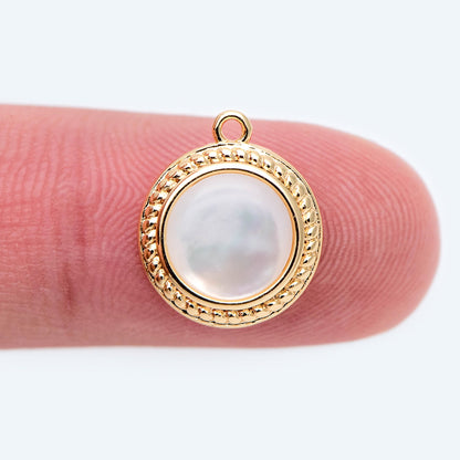 10pcs Shell Pave Gold Round Charms 14x11mm, 18K Gold plated Brass, Disk Pendants (GB-1856)