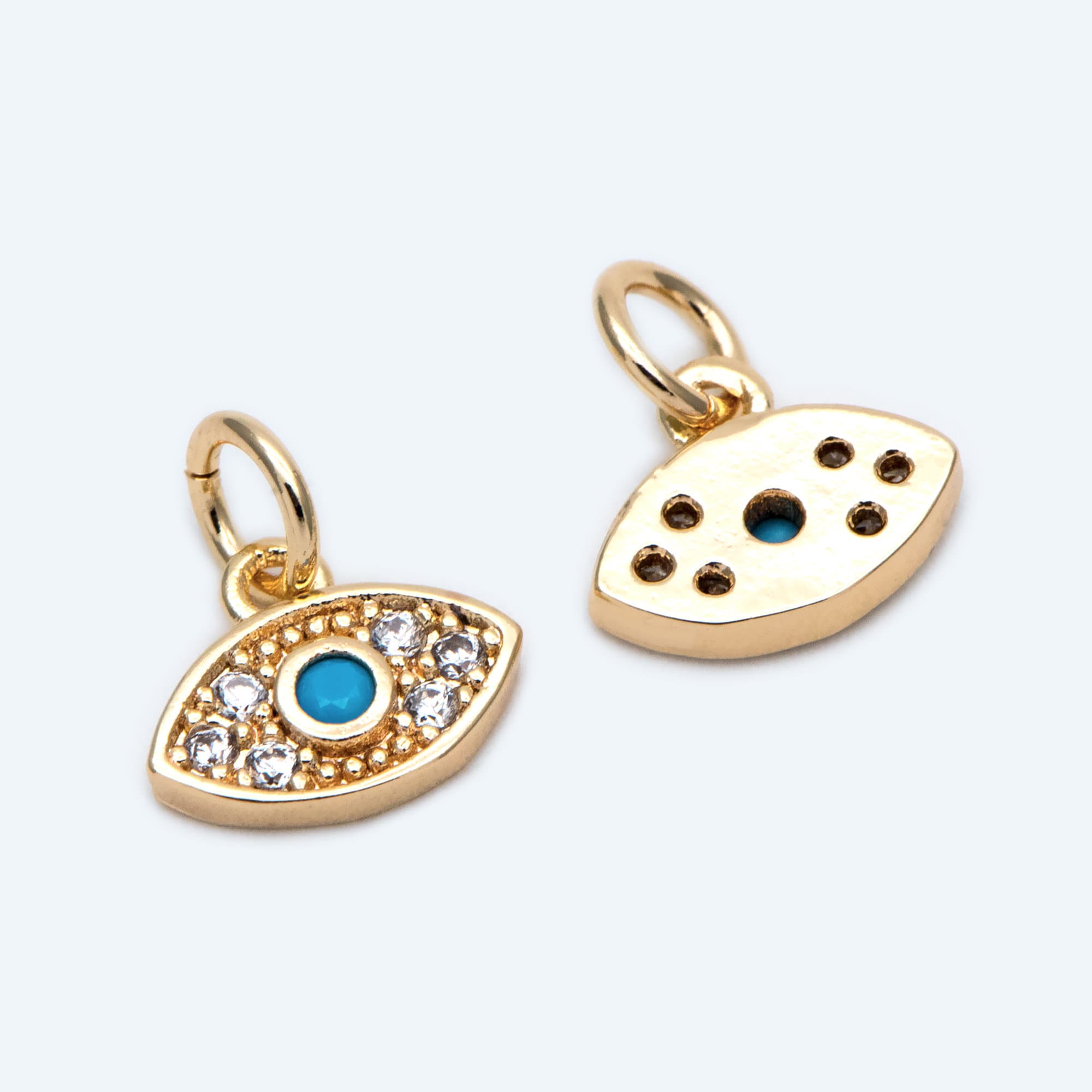 4pcs CZ Pave Blue Evil Eye Charm 10x8mm, Real Gold plated Brass Eye Charm (GB-1819-C)