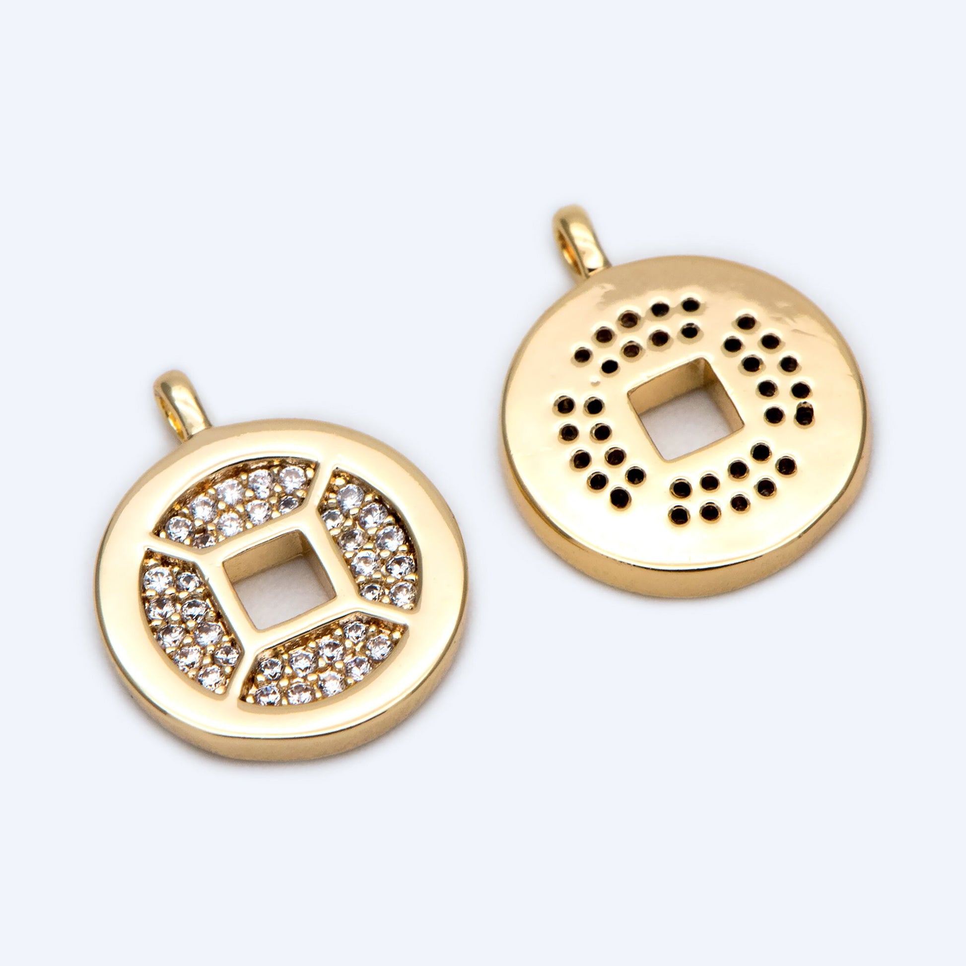 4pcs CZ Pave Gold Chinese Coin Charm 12mm, Real Gold plated Brass, Round Coin Disk Pendants (GB-3464-F)