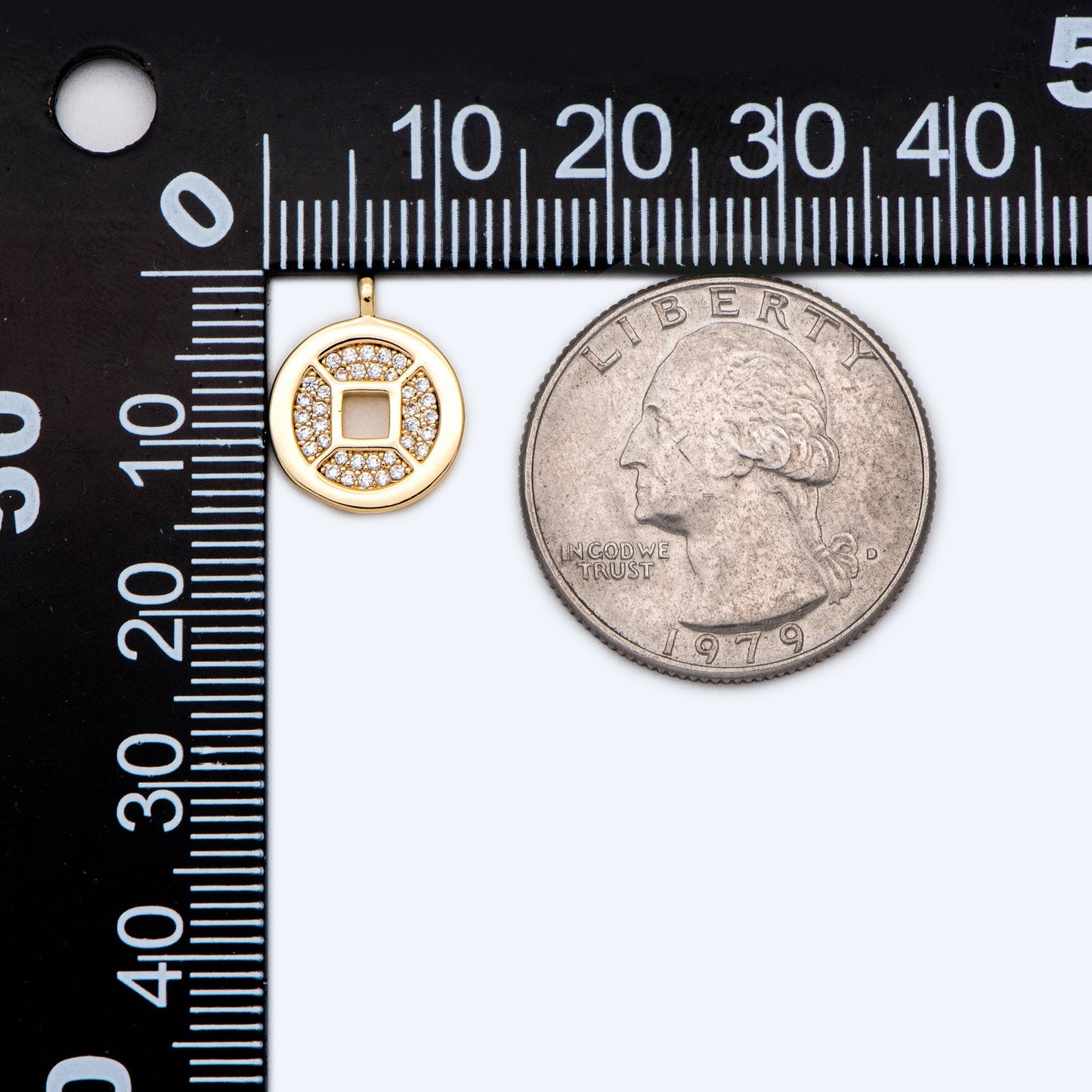 4pcs CZ Pave Gold Chinese Coin Charm 12mm, Real Gold plated Brass, Round Coin Disk Pendants (GB-3464-F)
