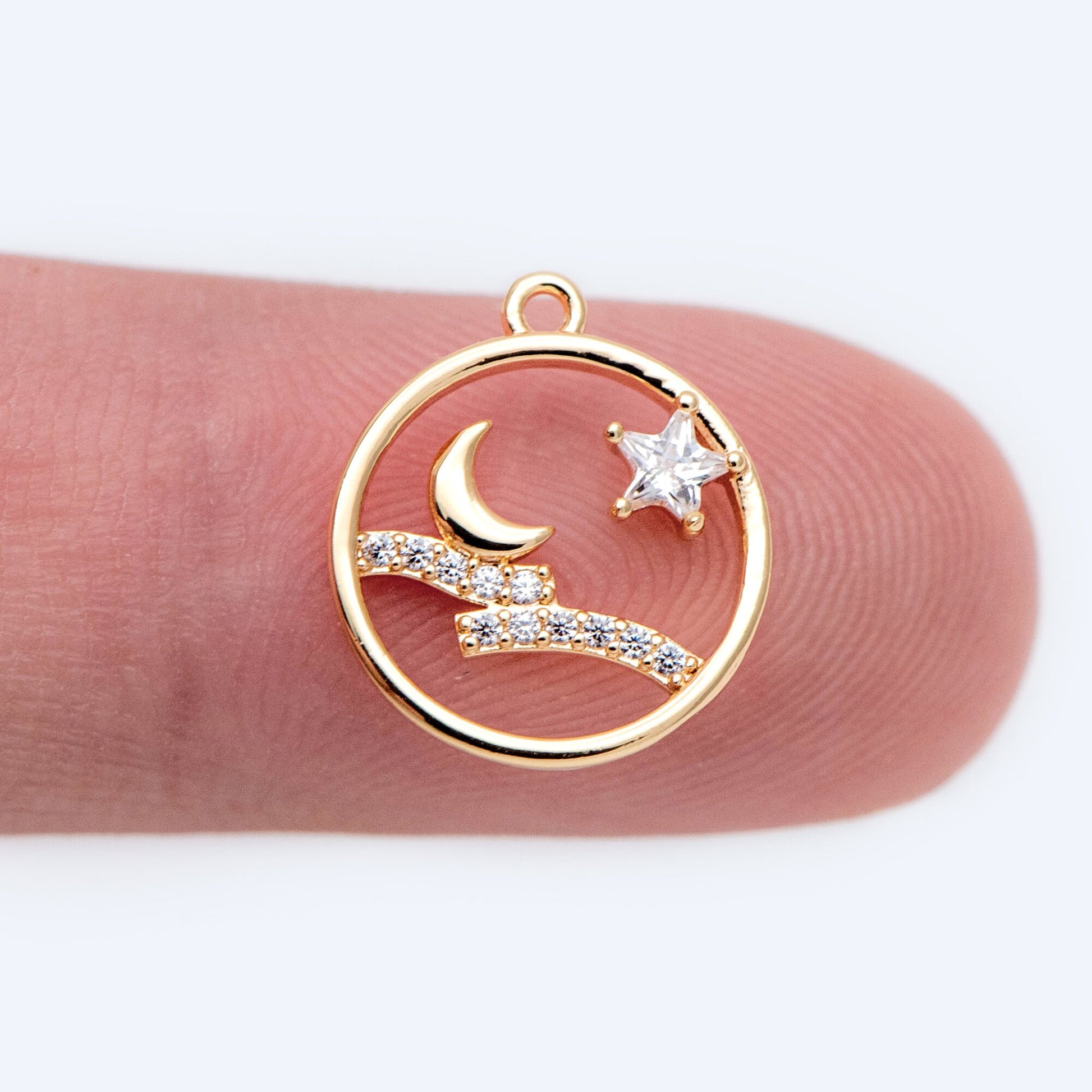 4pcs Gold Moon Charms, Gold Star Pendants 12mm, CZ Cubic Zirconia Pave Pendants (GB-2433-D)