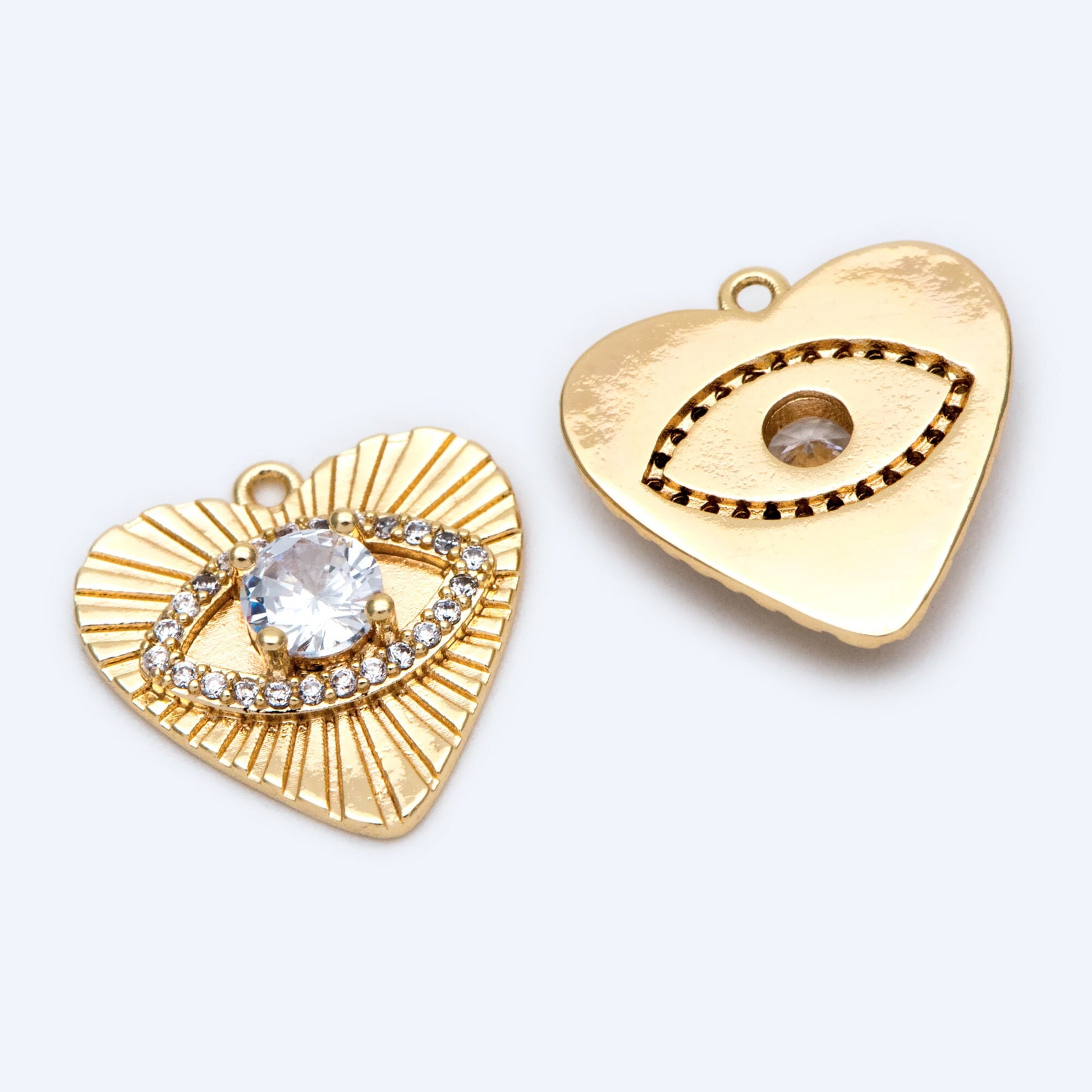 4pcs CZ paved Gold Heart Evil Eye Charm 16mm, Gold Plated Brass Heart Pendant (GB-4085-H)