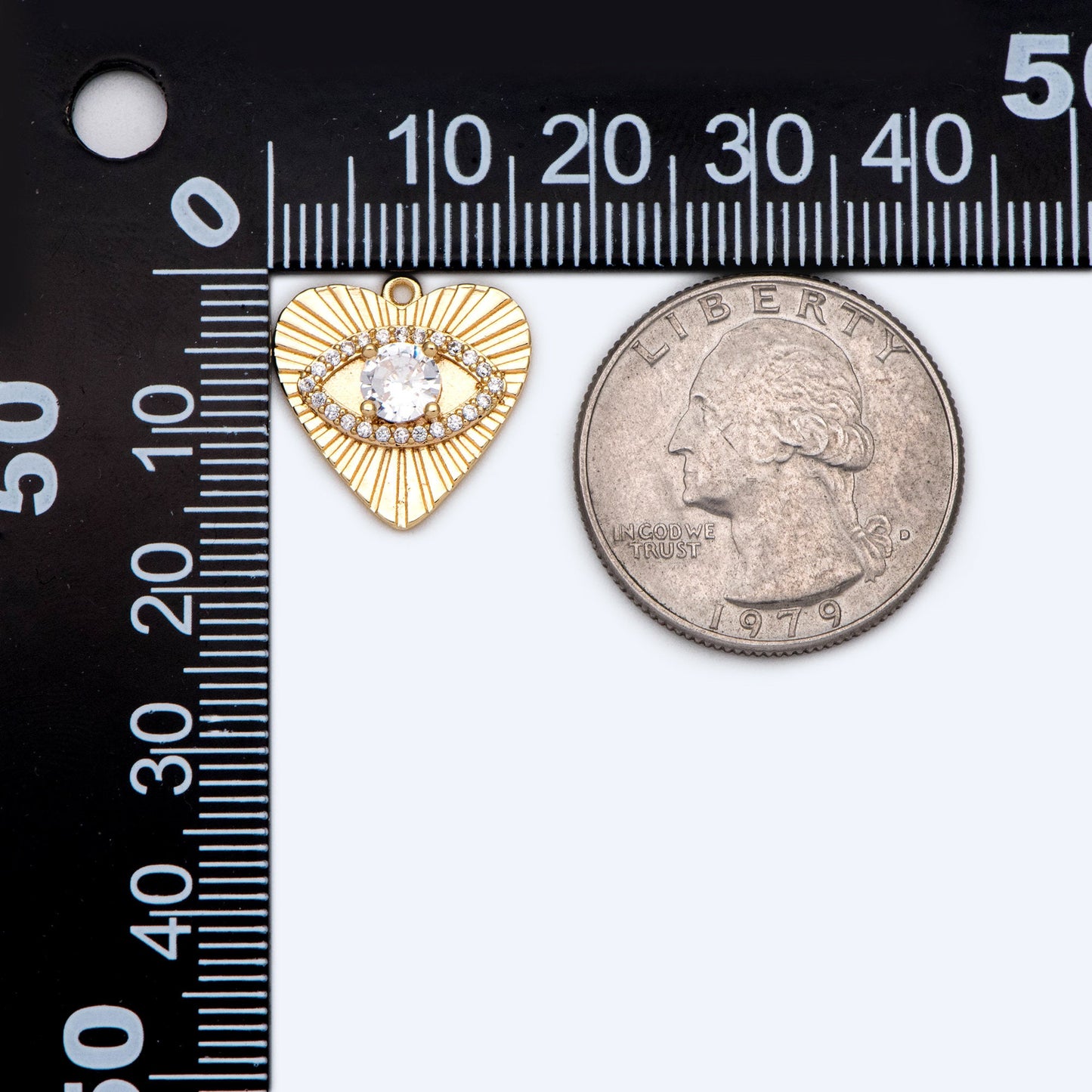 4pcs CZ paved Gold Heart Evil Eye Charm 16mm, Gold Plated Brass Heart Pendant (GB-4085-H)