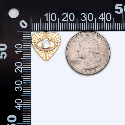 4pcs CZ paved Gold Heart Evil Eye Charm 16mm, Gold Plated Brass Heart Pendant (GB-4085-H)