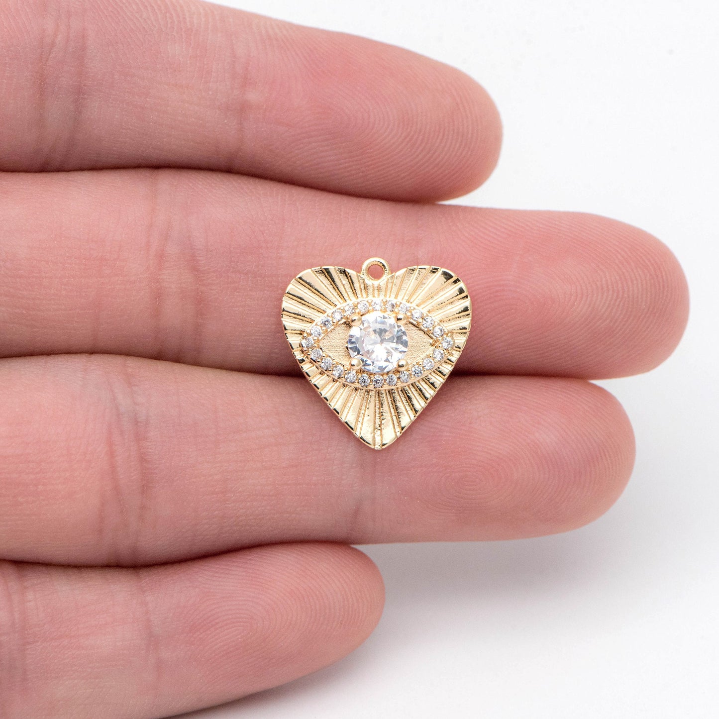 4pcs CZ paved Gold Heart Evil Eye Charm 16mm, Gold Plated Brass Heart Pendant (GB-4085-H)